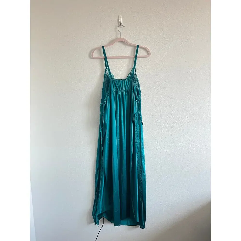Teal Satin Lace-Trim Slip Nightgown L Vintage Glamour Whimsigoth Fairycore Siren